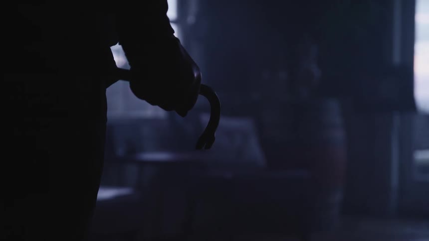 Person stands near doors showing green lawn while holding a crowbar