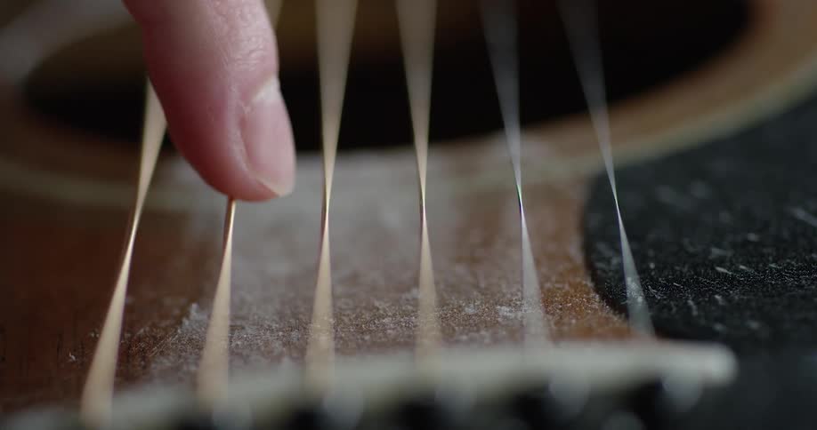 A finger plucks guitar strings