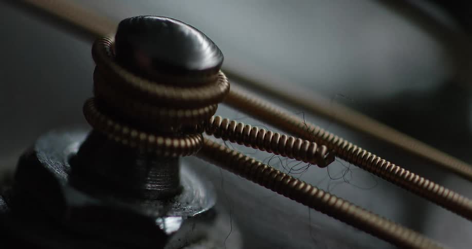 The strings of a musical instrument are wound around a knob