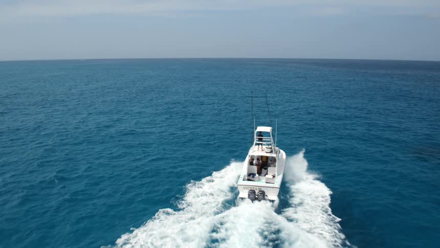 Aerial view of a small recreational yatch sailing on the blue calm waters of the ocean