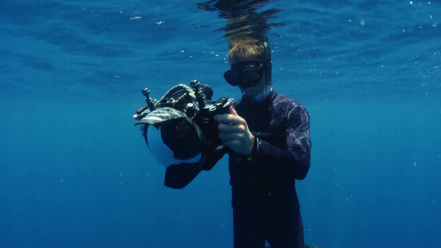 A free diver takes photographs underwater