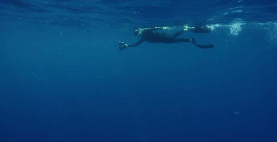 A scuba diver swims in the open ocean
