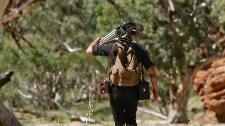 A man carries his camera equipment towards the trees