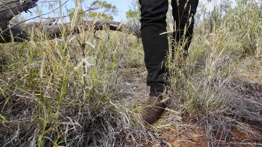 Person wearing leather boots steps over the tall grass while walking outdoors