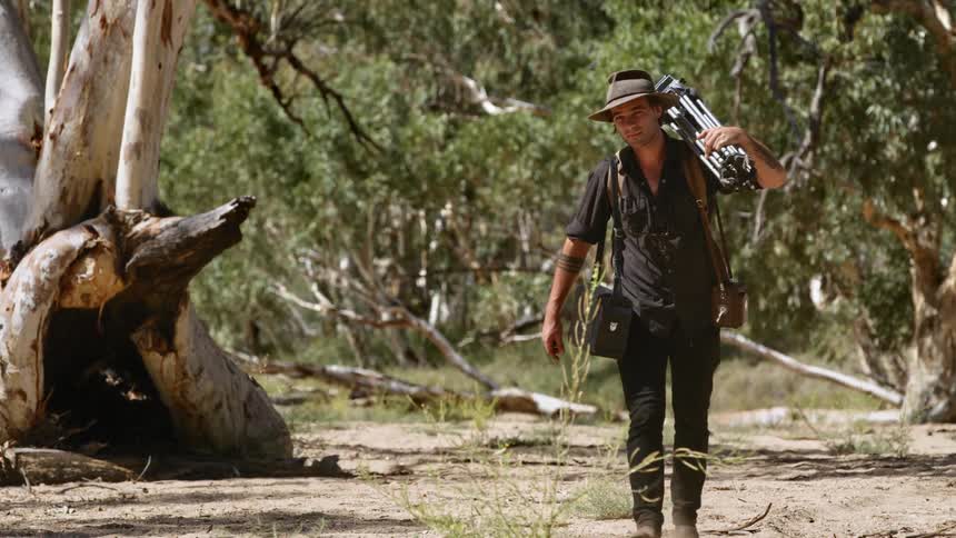A man is carrying his camera equipment through the forest