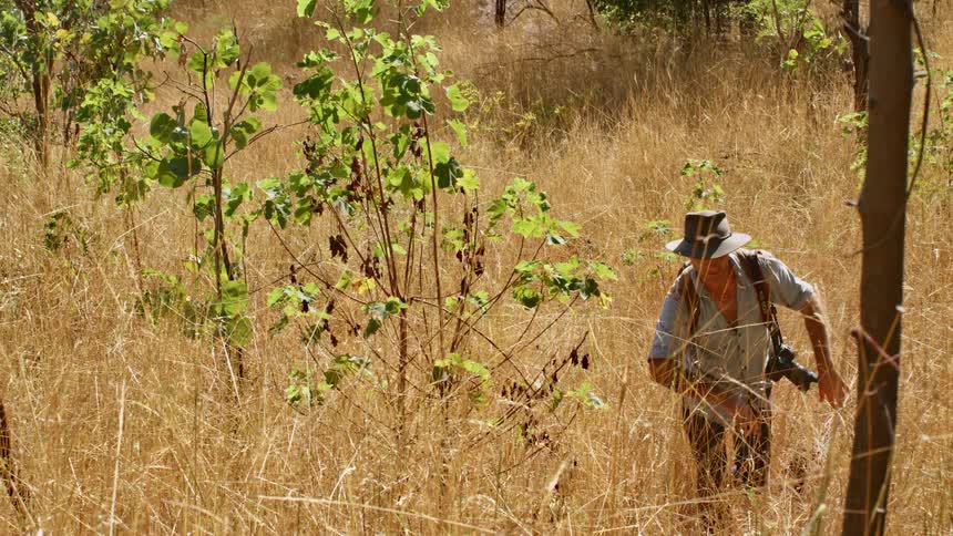 A man is hiking through the wilderness with a camera