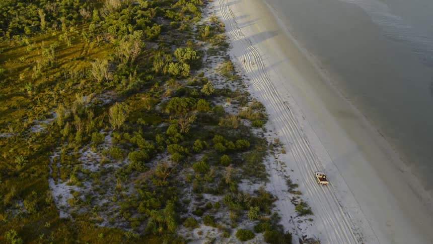 A truck is driving on the beach
