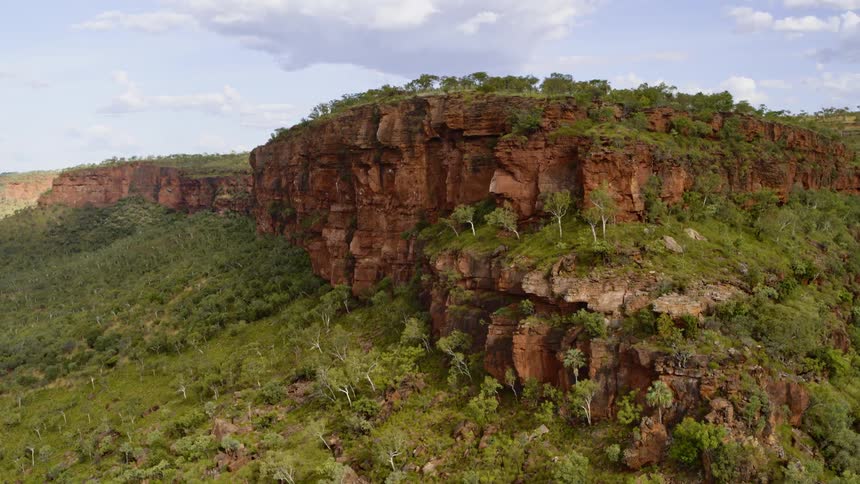 A tall cliff over a hilly landscape covered in bush and trees