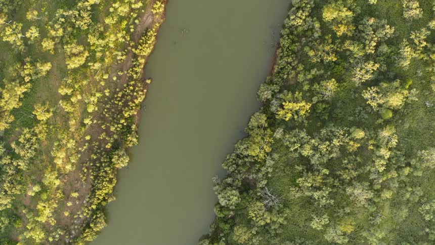 An aerial view of a river next to a wooded area is displayed