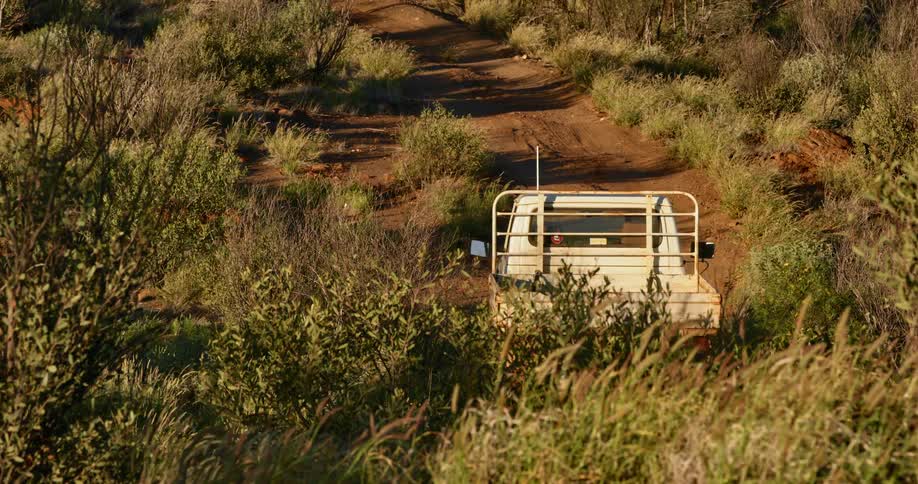 A truck travels along a dirt road through a field