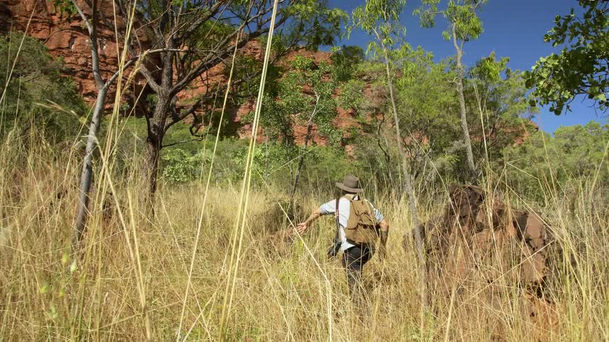 A man is hiking through the wilderness