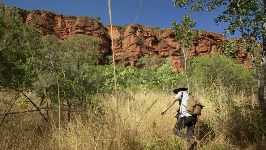 Man with a camera hanging at his side hikes up a grassy hill under a blue sky