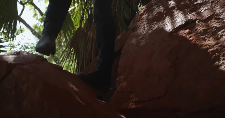 Man wearing a hat with a camera in his hand climbs down rocks near palm trees