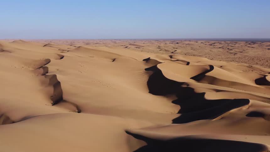 Aerial view of sand dunes in the desert on a clear day