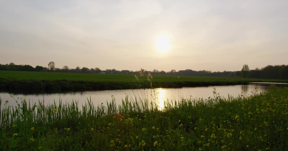 River flows between wildflower dotted meadows reflecting the sun under a cloudy sky