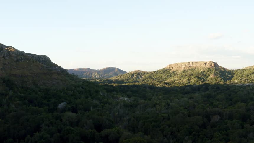 A verdant forest in the valley between mountain ridges on a sunny day