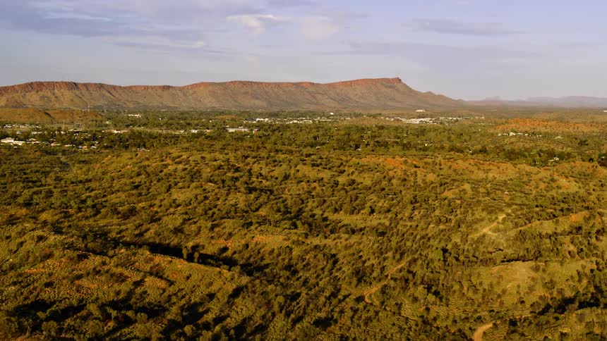 An aerial view of a mountain is displayed next to a forest