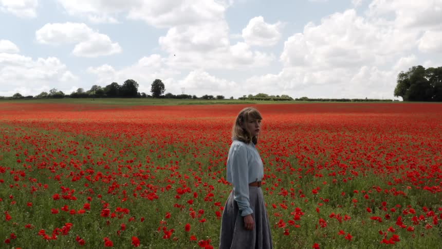 A woman in old fashioned clothing stands in a field of red flowers