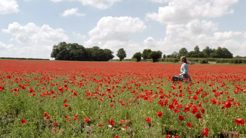 Woman walks through field of read flowers carrying a suitcase under a cloudy sky