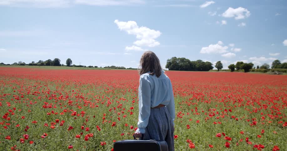 A woman is walking through a flower meadow