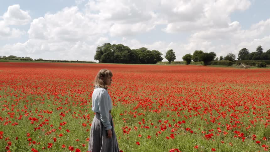 A woman in old fashioned clothing stands in a vast field of red flowers