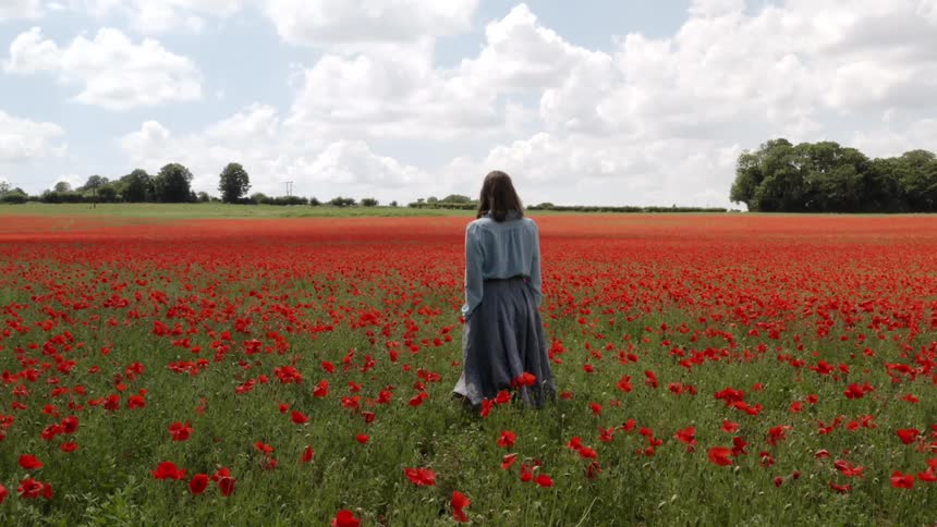 A woman in a long skirt stands alone in a wide open field full of tall grass and flowers