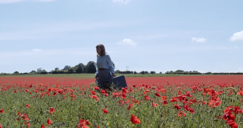 A woman is walking through a meadow of flowers
