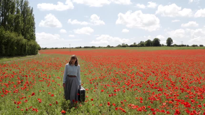 A woman is walking through a flower meadow