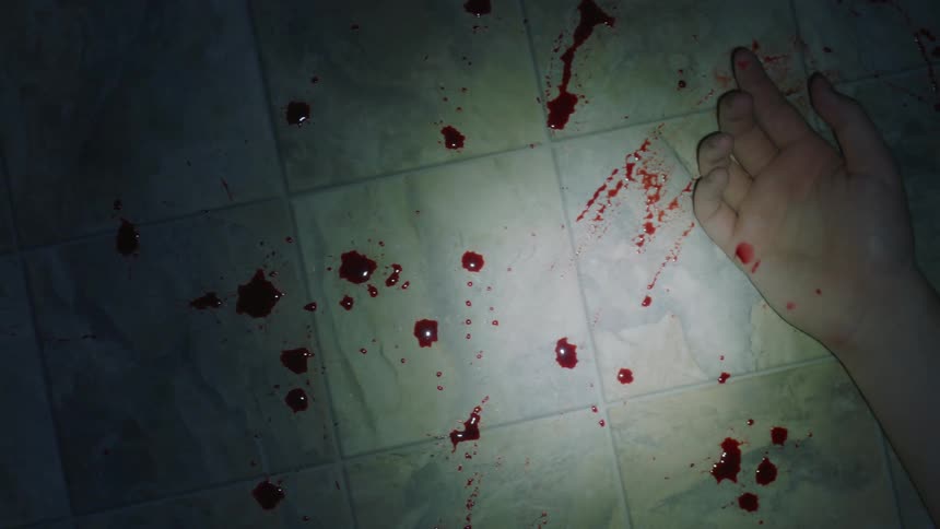 A light of a flashlight pans across a floor covered in drops of blood until the blood stained arm of a person is revealed