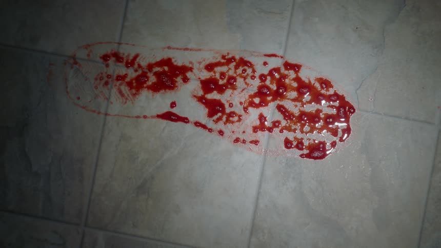 A bloody footprint on the floor of a home
