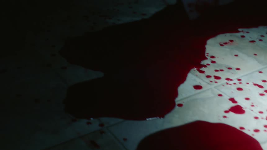 Blood covers a linoleum floor at a crime scene