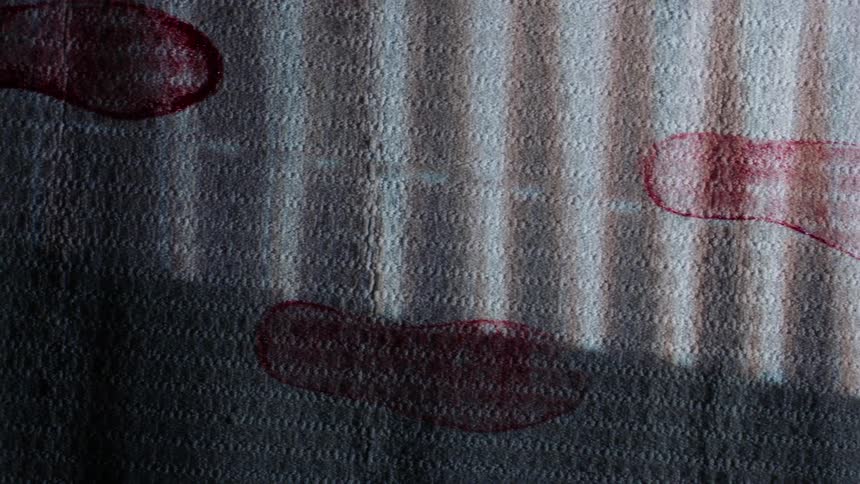 Red footprints cover the piece of fabric
