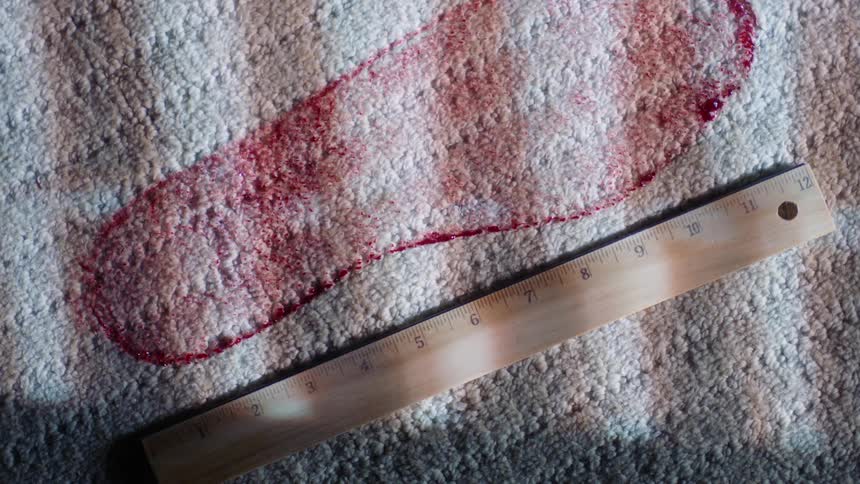A ruler next to a bloody footprint on carpet