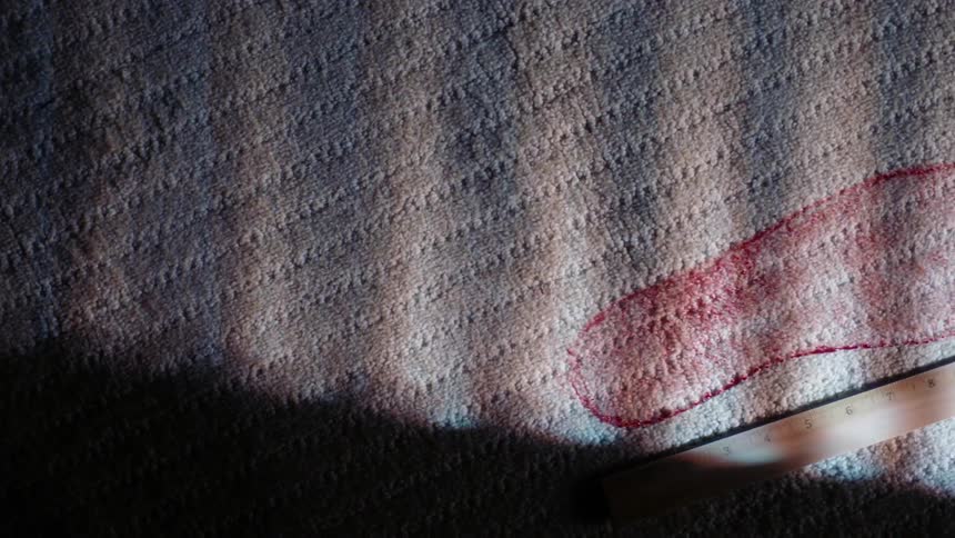 Bloody footprint over a white rug next to a wooden ruller in a dark room