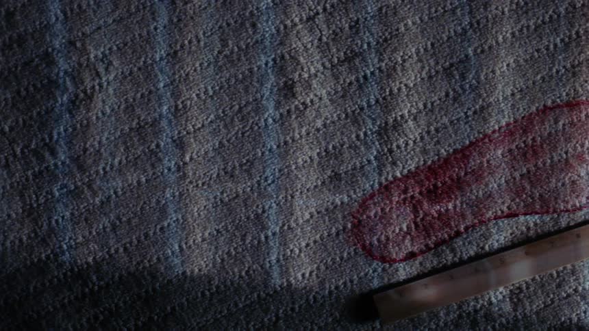 Bloody footprint on a white rug with a wooden ruller besides it