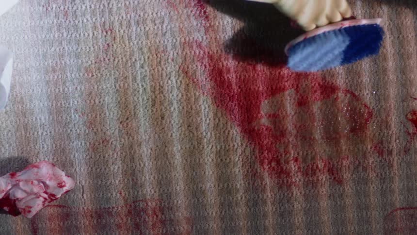 Bleach is poured onto a red stain on a carpet then is scrubbed with a scrub brush