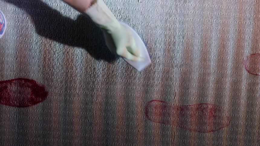 Person wearing kitchen gloves clean bloody footprints on a rug
