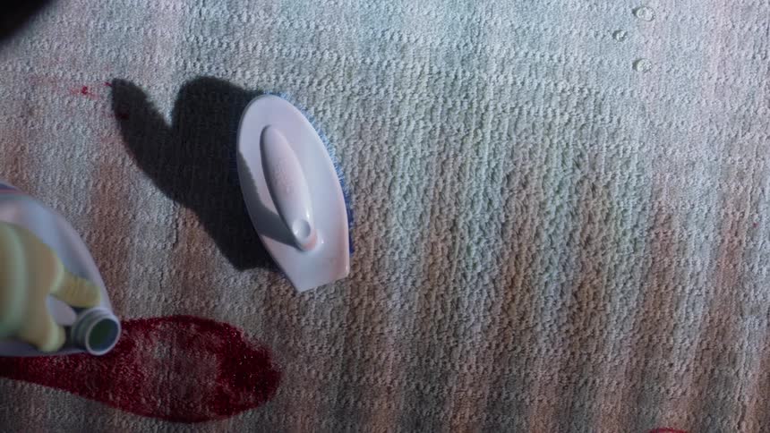 A person cleans a bloody footprint off a rug