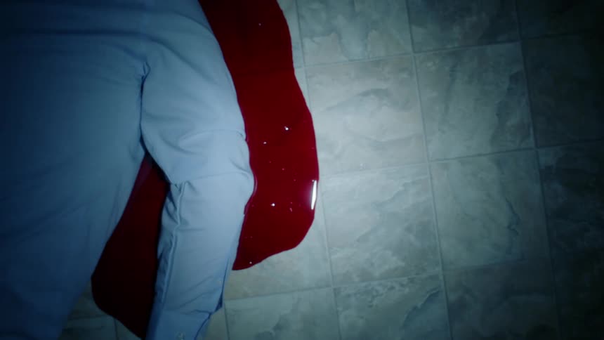 A dead body lies in a pool of red blood on a floor