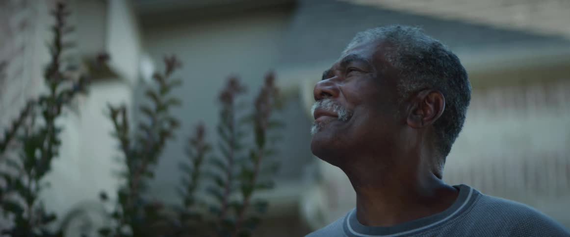Black man reaches for something as he stands next to a tree blowing in the breeze