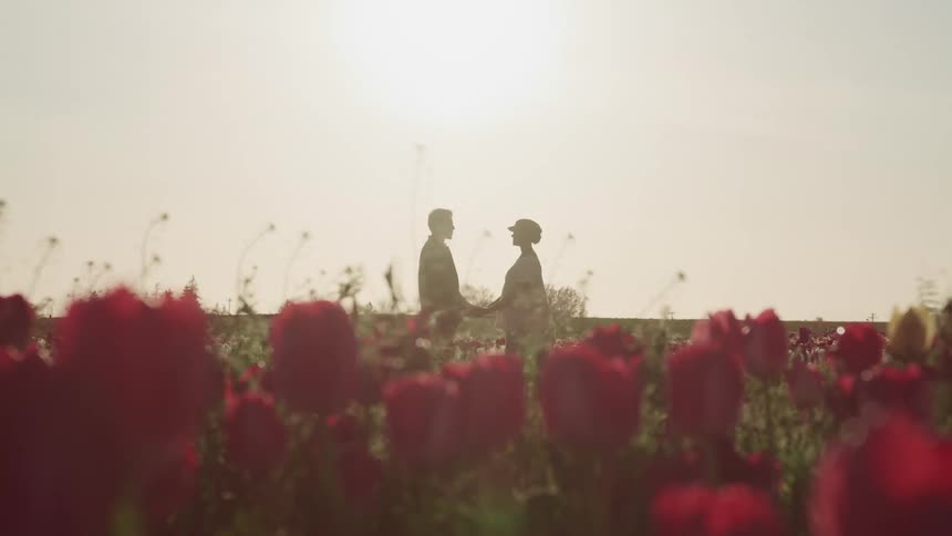 A man and woman are holding hands in a flower meadow