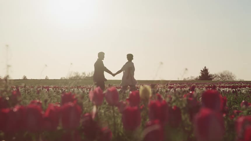 A man and woman walk through a field of flowers