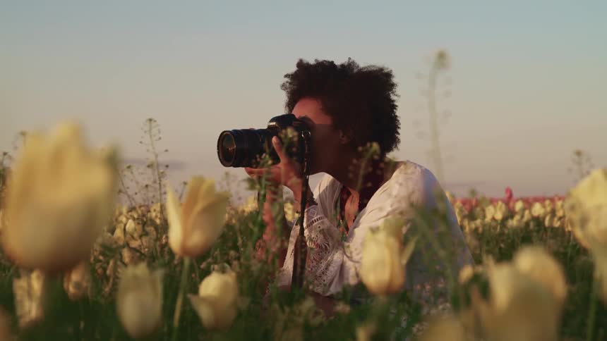 Black woman with curly hair takes photographs in tulip fields at sunset