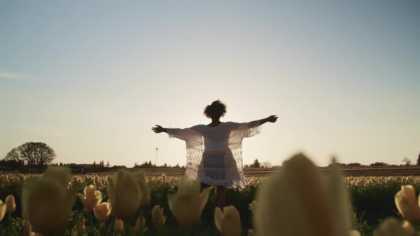 Woman standing in a white tulip field with arms wide open at sunset