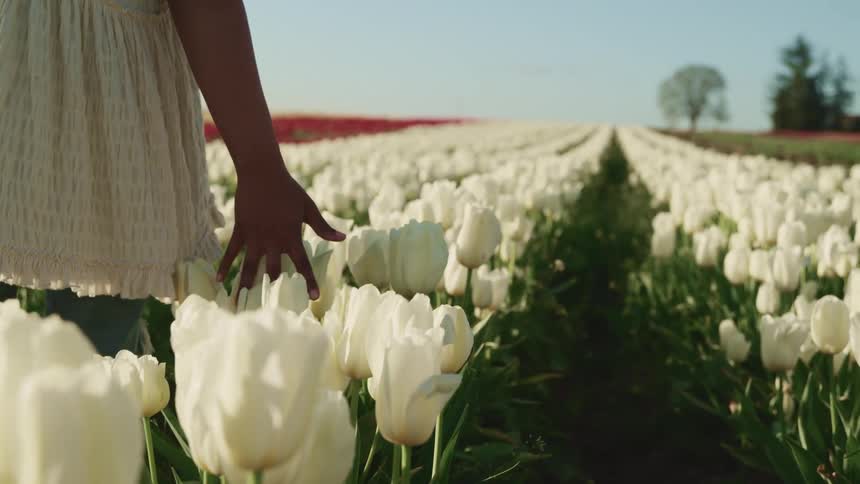 A woman is walking through a field of flowers