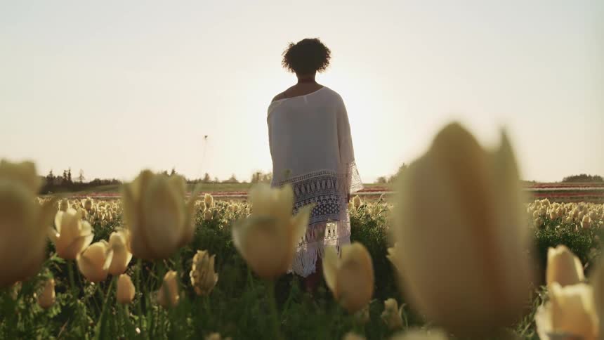 A woman is standing in a field of yellow flowers