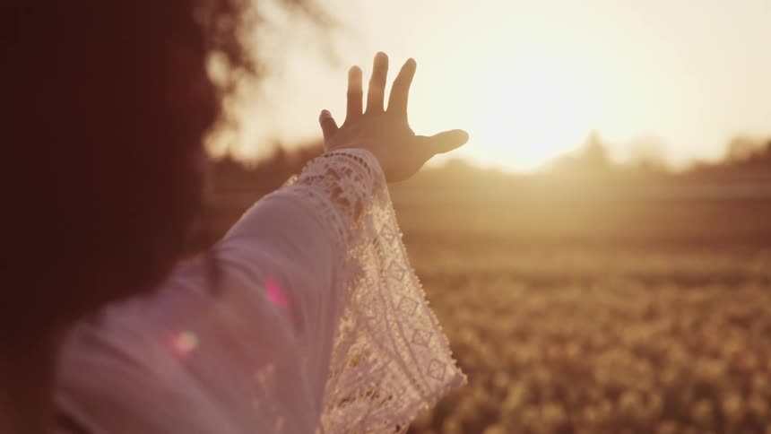 A woman standing in a field of flowers reaching her arm out towards the sky