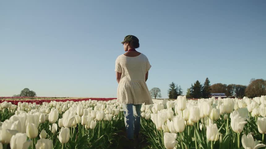 A woman stands in a field of white tulips