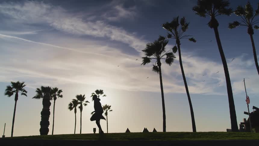 Man wearing sports clothing runs on the park near the palm trees at sunset