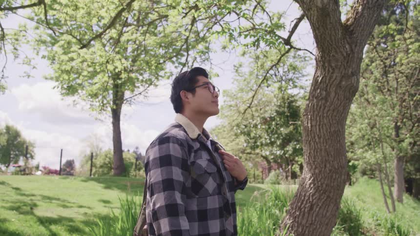A man is standing outdoors and looking at nature